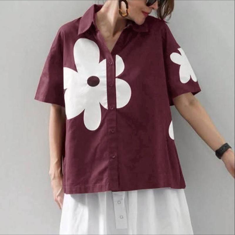 

ZANZEA Женская повседневная блузка с отложным воротником, свободного кроя, с коротким рукавом, с цветочным принтом 5XL вино красного