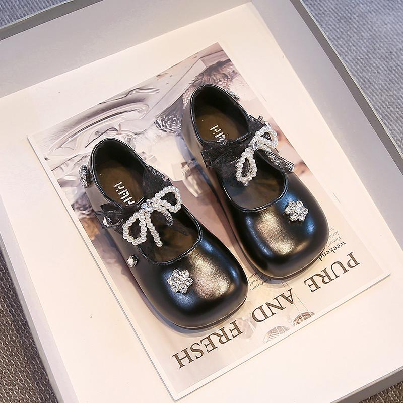 Kids Dance Shoes Round Toes Lace Bows Sweet Girls Princess Shoes Beading Shiny Crystal 2025 New Children Flats Performance Trend