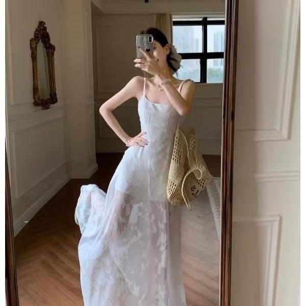 French beautiful waist pinch green suspender mesh dress women's 2026 new summer beautiful and thin long dress women's clothing