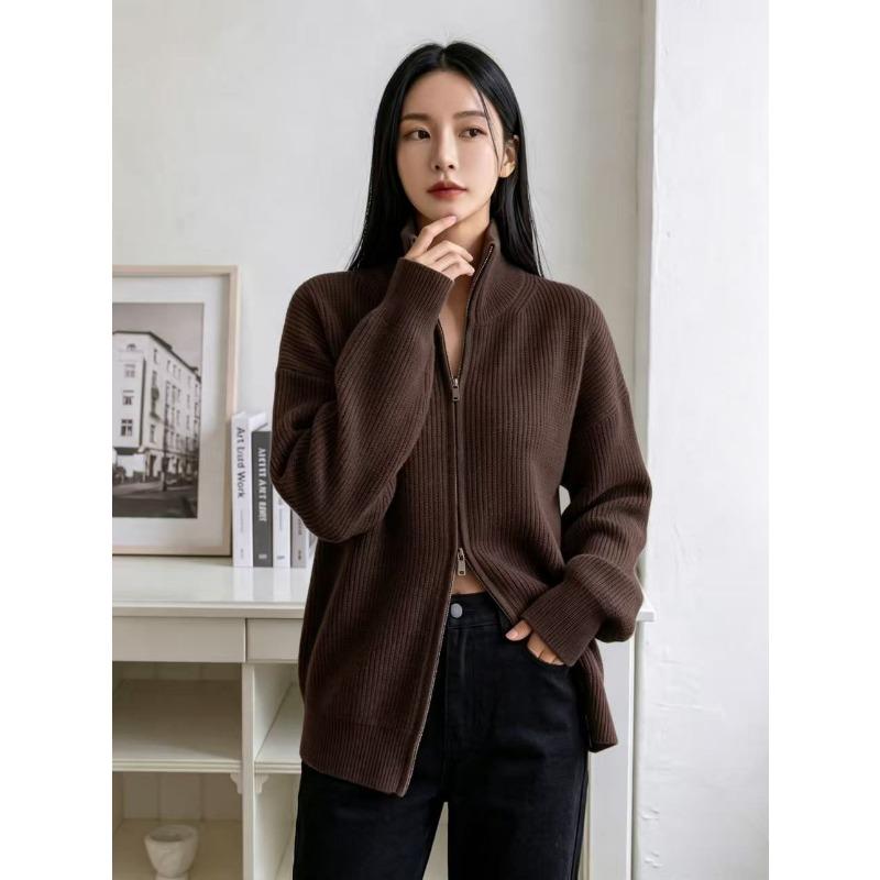 Cárdigan Grueso de Punto para Mujer, Cuello Semi Alto con Cremallera, Manga Larga, Top Casual
