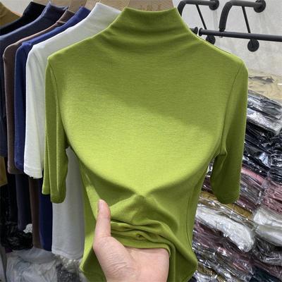 Half High Neck Five-point Sleeve T-shirt Women's Design Sense Niche Spring New Slim-fit Leggings Mid-sleeve Top