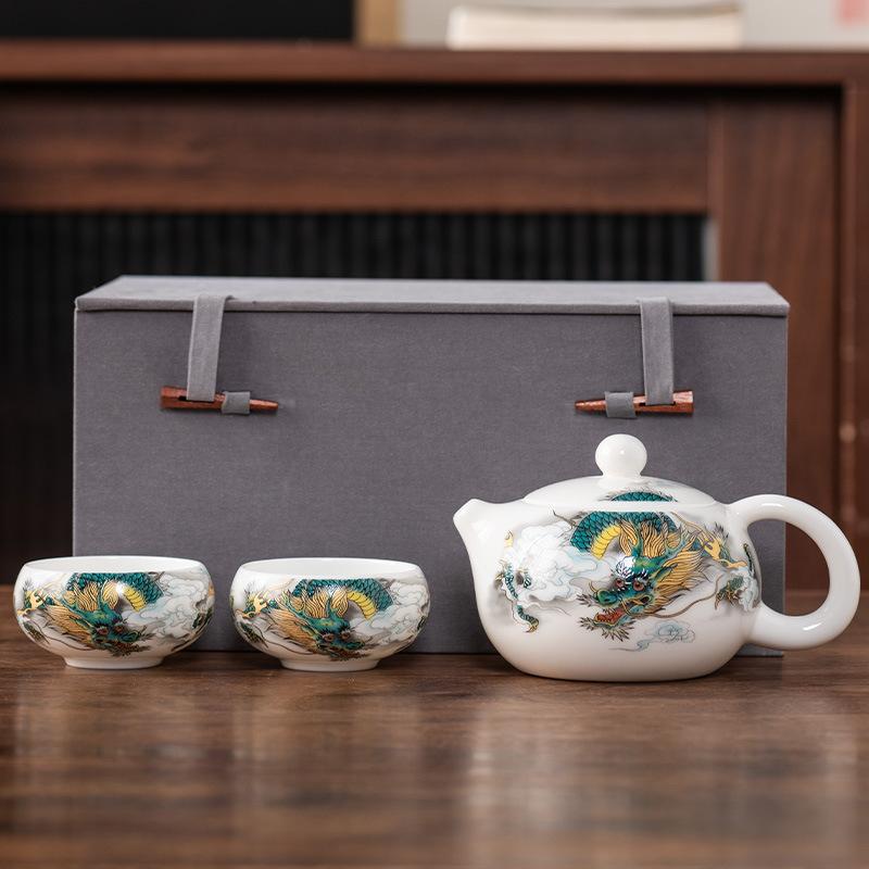 Beam Pot One Pot and Two Cups Suet Jade Porcelain Light Luxury Kung Fu Tea Set Kuaike Cup High-end Brocade Box Gift Box