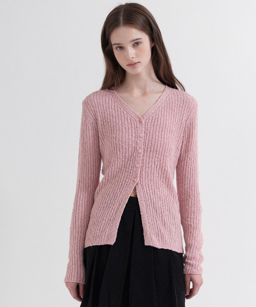 Vleti V-Neck Ribbed Slim Knit Cardigan (Indi Pink)