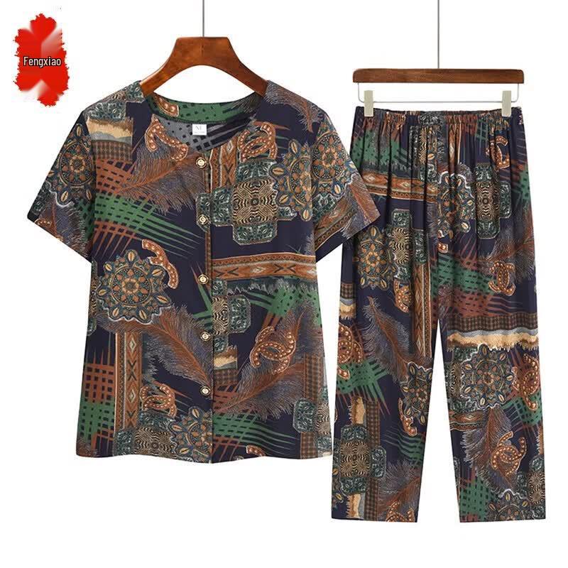 Elderly Women s Cotton & Silk Summer Two-Piece Set
