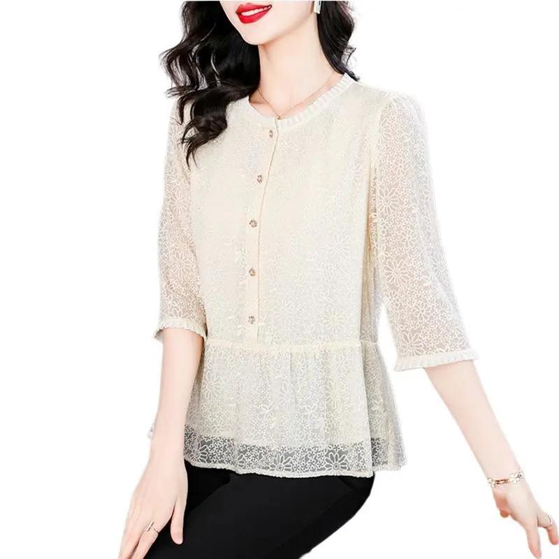 

Summer Casual Women s Solid Color Chiffon Shirt Ruffle Hem Mid M бежевый