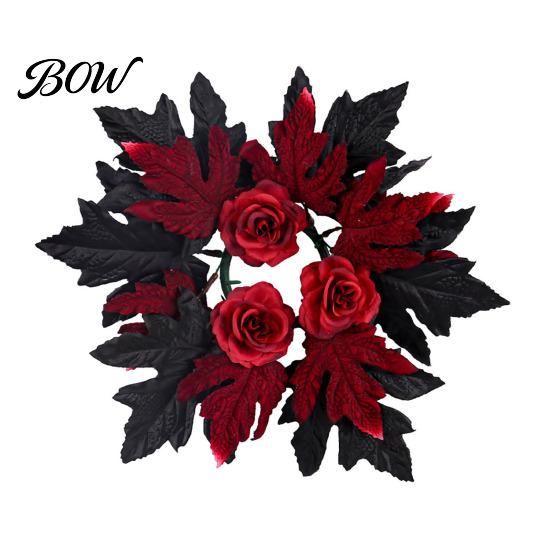 Reusable Plastic Props Halloween Floral Candle Ring, Artificial Maple Rose Wreath for Indoor Outdoor Holiday Decor Holder, Spooky Table Centerpiece