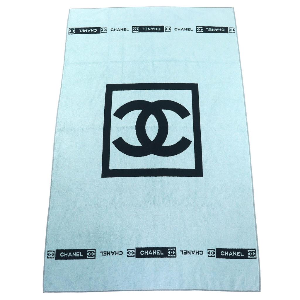 Great CHANEL COCO Mark Large Bath Towel and Towel Blanket Light blue black Used