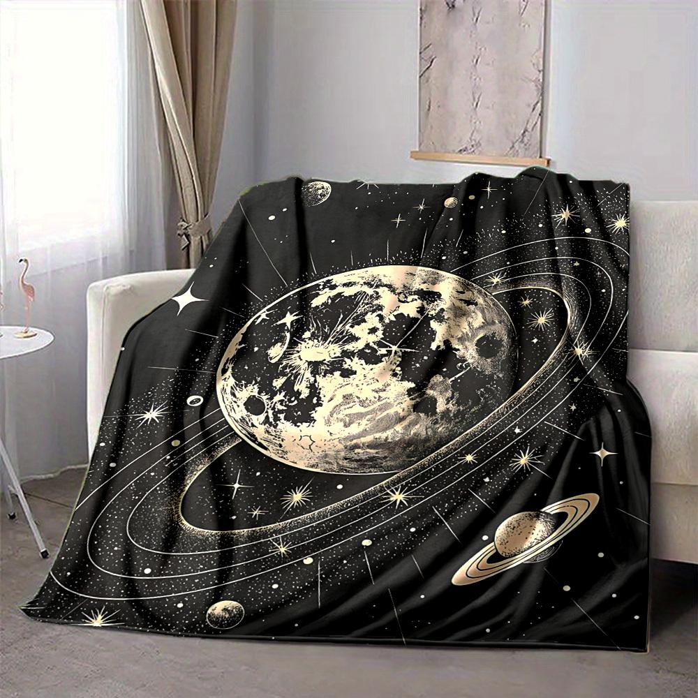 1pc Moon Saturn Print Blanket   Lightweight Flannel Throw Blanket For Sofa, Bed, Living Room, Office, Outdoor Travel, Camping