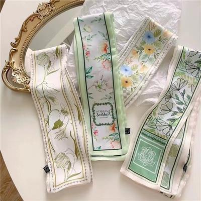 Green Fresh Flower Silk Scarf, Headband, Women'S Thin And Narrow Braided Hair Accessories, High-End Binding Bag, Ribbon, Belt.