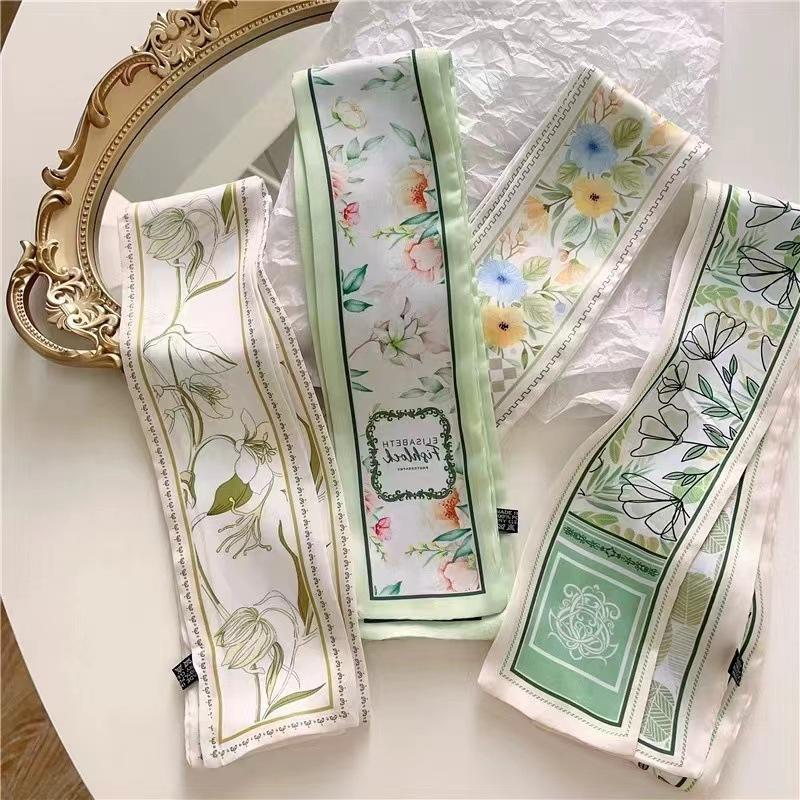 

Green Fresh Flower Silk Scarf, Headband, Women S Thin And Narrow Braided Hair Accessories, High-End Binding Bag, Ribbon, Belt. помаранчевий