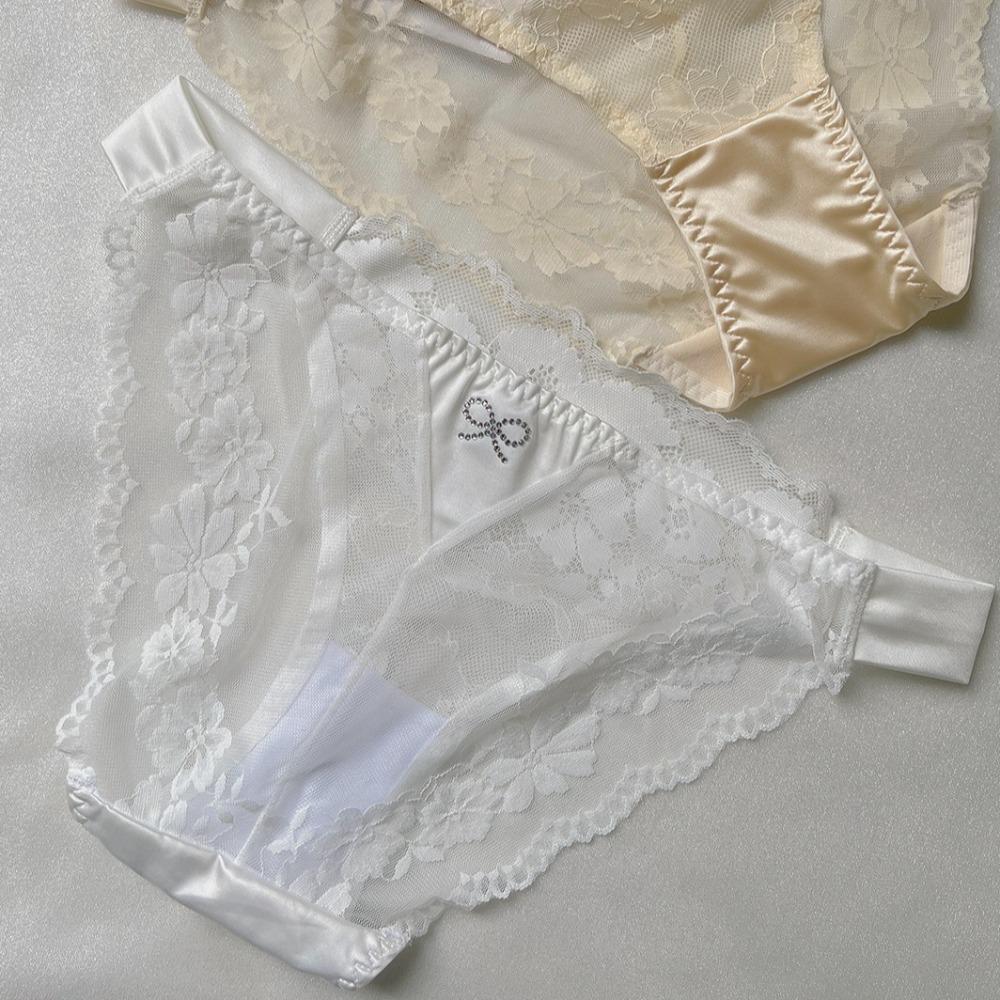 Bow Rhinestone Mesh Briefs Transparent Women's Underpants Comfortable Floral Lace Panties  Female