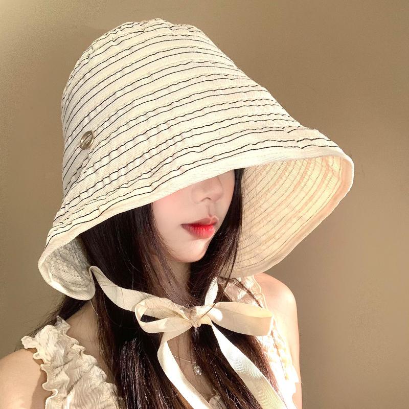 Ribbon Women Striped Fisherman Hat Wide Brim Foldable Summer Sun Hat Sun Protection Solid Color Sunshade Hat