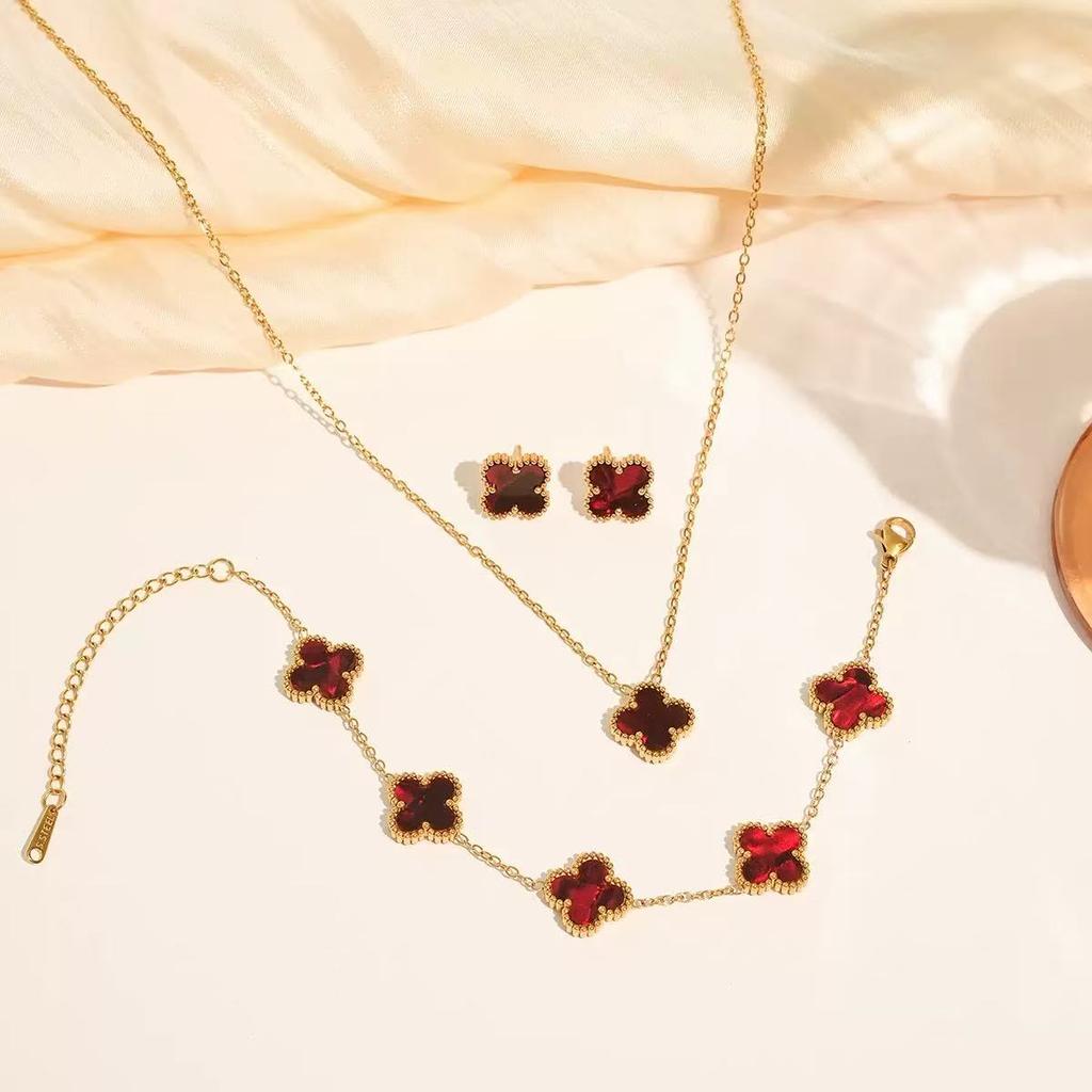 3 peças colar de trevo, pulseira e brincos de aço titânio da moda, presente luxuoso para o Dia dos Namorados e Dia das Mães
