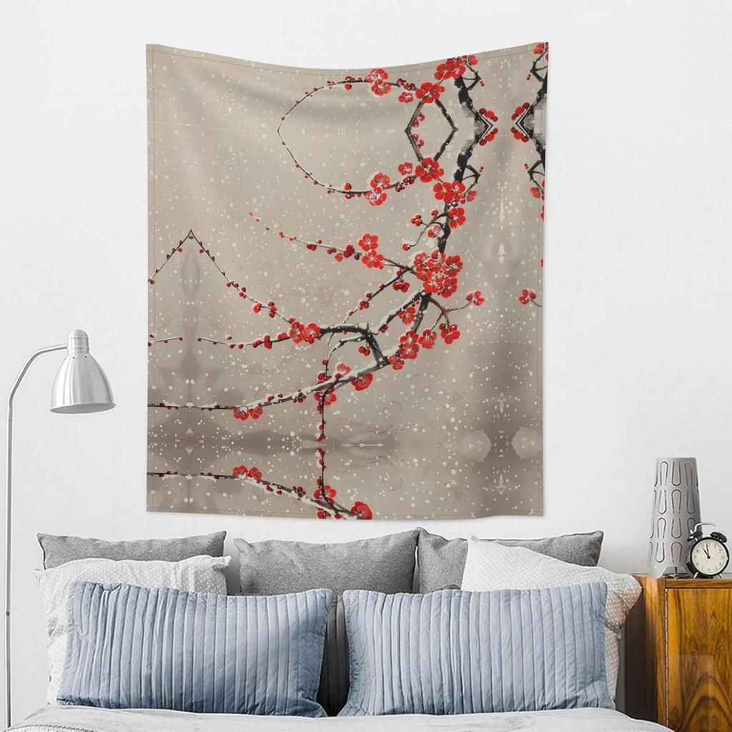 Tapestry se zimním květem švestky, Tradiční čínská červená květinová závěsná dekorace na zeď se sněhem pro Zen a estetickou domácí výzdobu