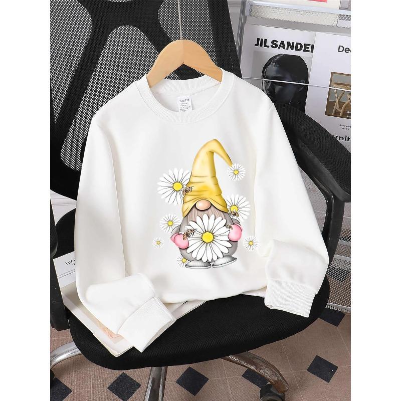 European Sizes Kids' Round-neck Hoodie - Gnome Daisy Bee Hat Garden Spring , Sportswear And Casual Wear, Soft And Comfortable