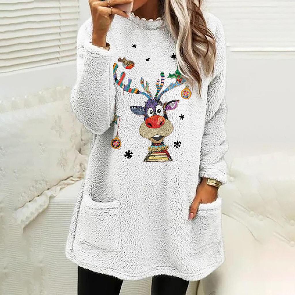 Grenzüberschreitender Plüsch-Hoodie mit Weihnachtshirsch-Print und bunten Lichtern