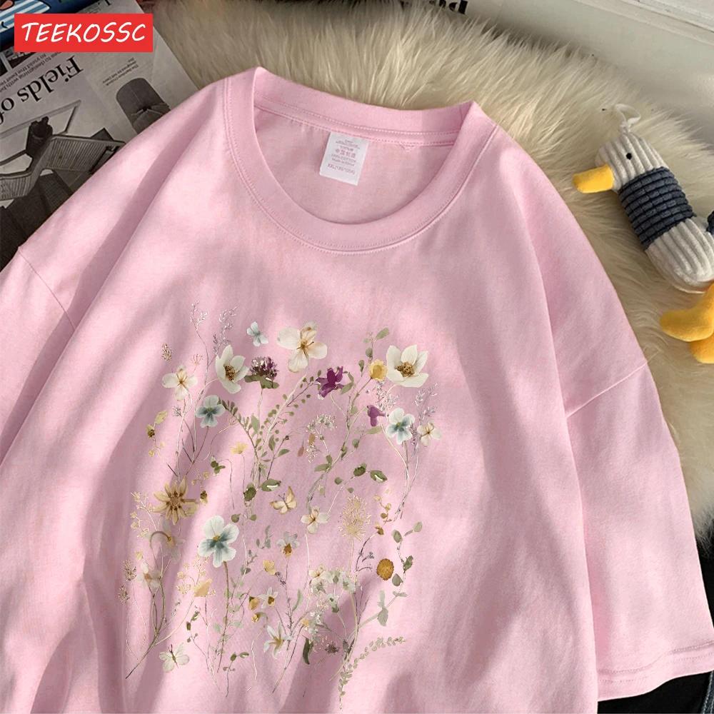 Women'S T-Shirts Beautiful Spring Flower Clusters Printed Short Sleeve O-Neck Breathable Summer Trend Female Clothes