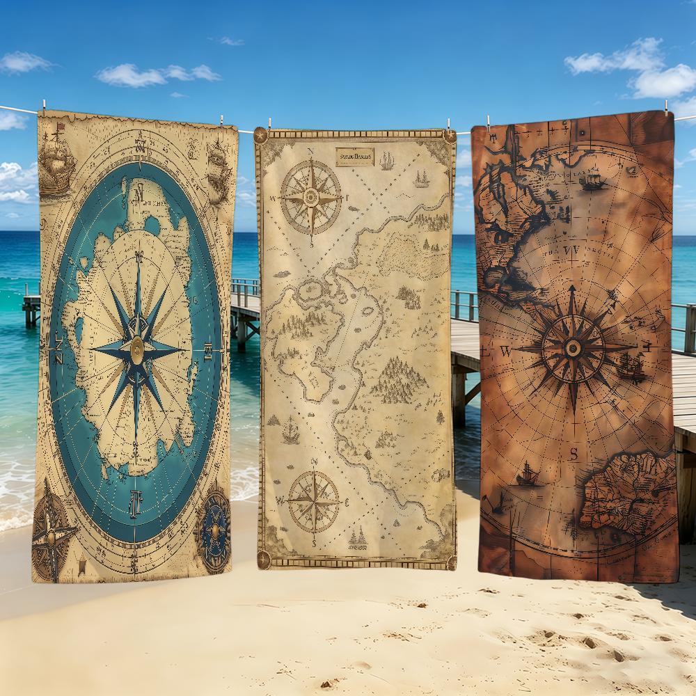 Towel For Outdoor Camping Beach Retro Towel World Map Super and Absorbent Quick-Drying Compass Summer Towel