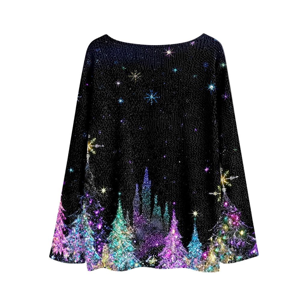 Women's Round Neck Lightweight Sweater Casual Long Sleeve Christmas Print Knit Pullover.