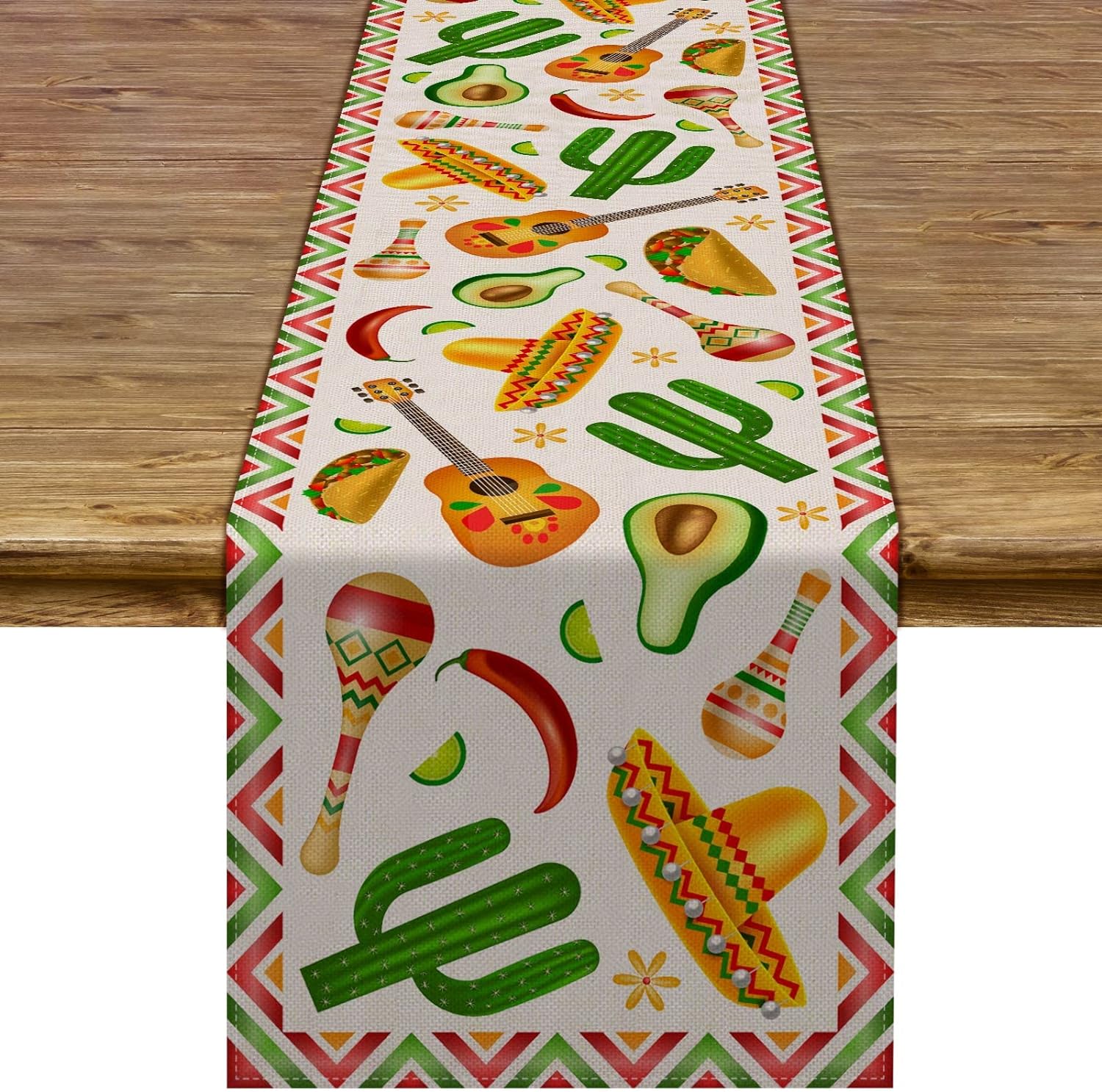 Mexique Fête Cactus Sombrero Taco Chemin de table en lin Thème Jour des Morts Décoration de table de cuisine/salle à manger Fête de fin d'année 150x33cm