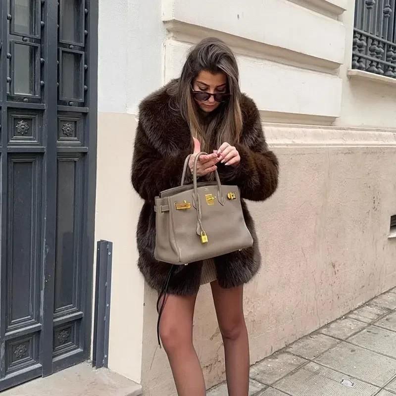 Womens Faux Fur Coat Mid-Length Turn-Down Collar Warm Brown Coffee Outerwear Urban Chic Fall 2025