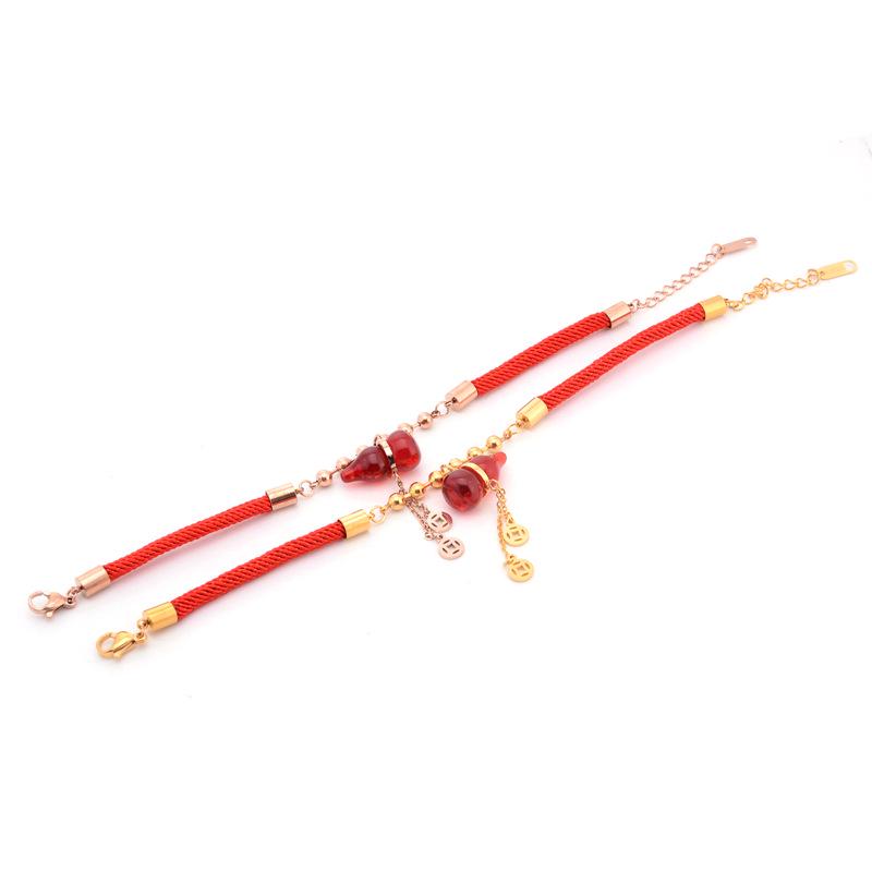 Zodiac Lucky Money Bag Titanium Steel Gold Gourd Red Rope Bracelet