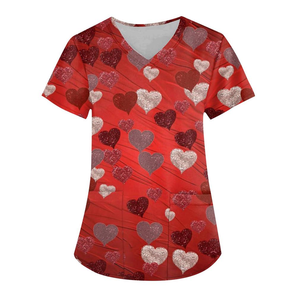 Nurse Uniform Love Heart Print Pocket V-Neck Nursing Scrubs Tops Workwear Women's T-shirts