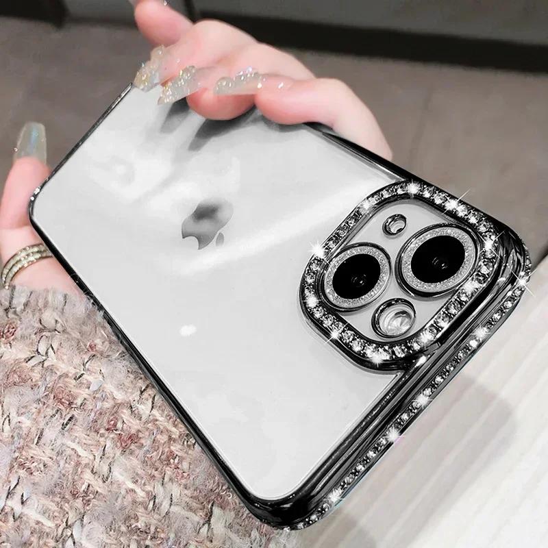 Luxury Plating Glitter Diamond Transparent Case for iPhone 17 16 13 11 12 14 15 Pro Max Plus Female Silicone Shockproof Cover