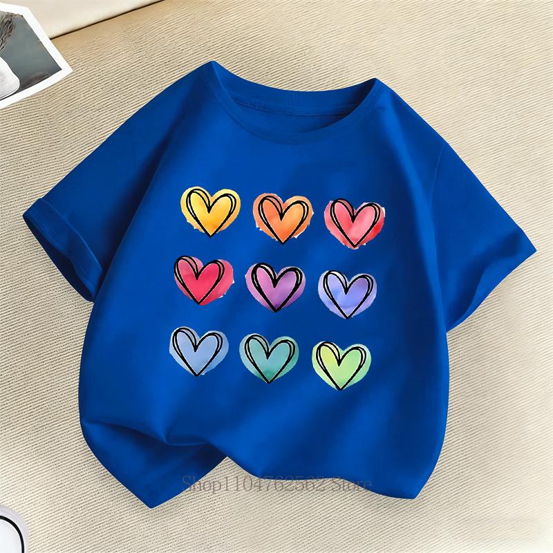 Heart Graphic Print Children Tshirts Summer Casual Fashion Kawaii Girls Colorful Tops Kids ONeck Short Sleeve Tshirts