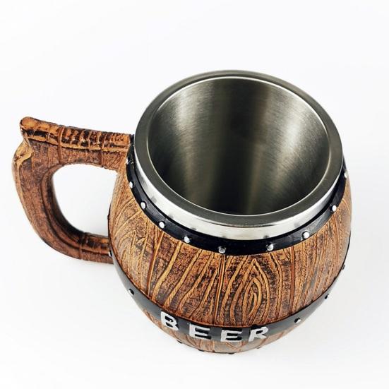 Stainless Steel Beer Mug  Wood Barrel Design Steins