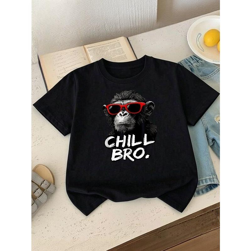 European sizes Boys' T-shirt Chimp Wearing Red Fashion Glasses Chill Bro, Ideal for Outdoor Activities, Soft Knitted Top, Comfortable And Breathable