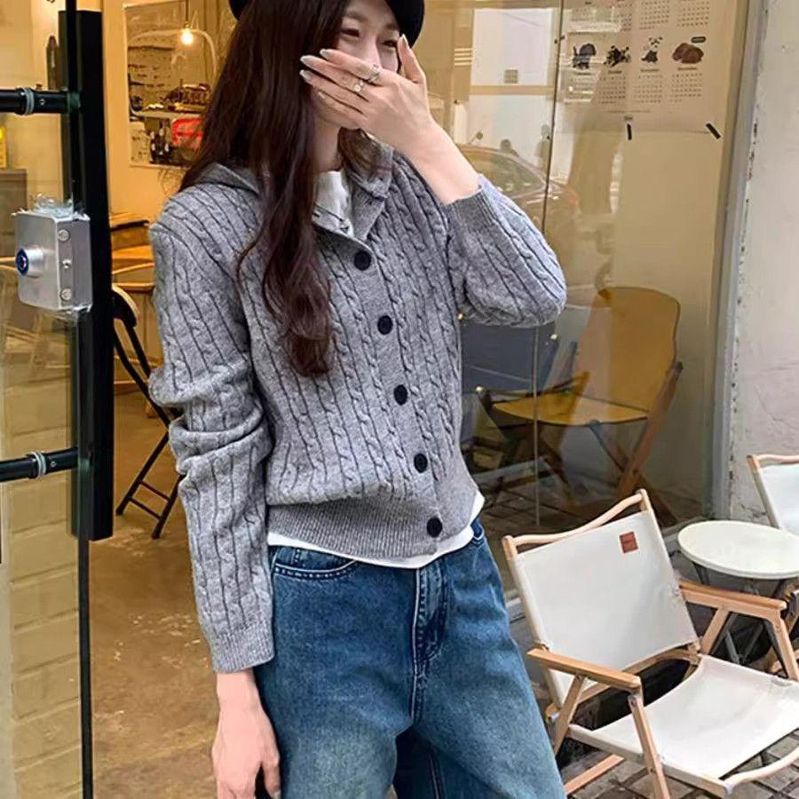 Korean Hooded Cable Knit Cardigan for Women - 2025 Autumn Collection, Button Sweater Coat, Versatile and Stylish.