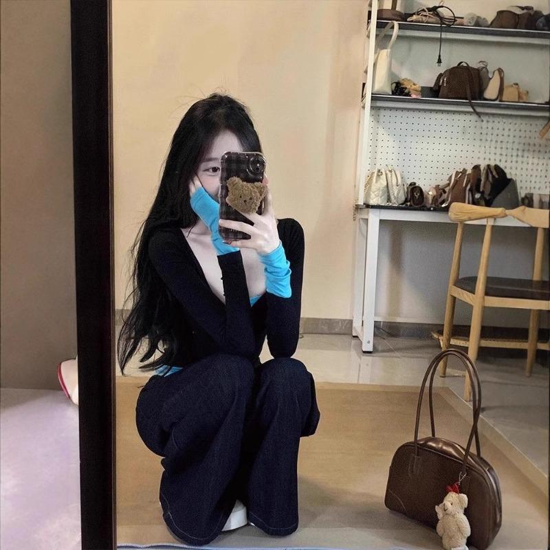 Spring Autumn Fake Two Pieces Patchwork T-shirt Women Long Sleeve All-match Bottomed Tee Slim Pullover Top
