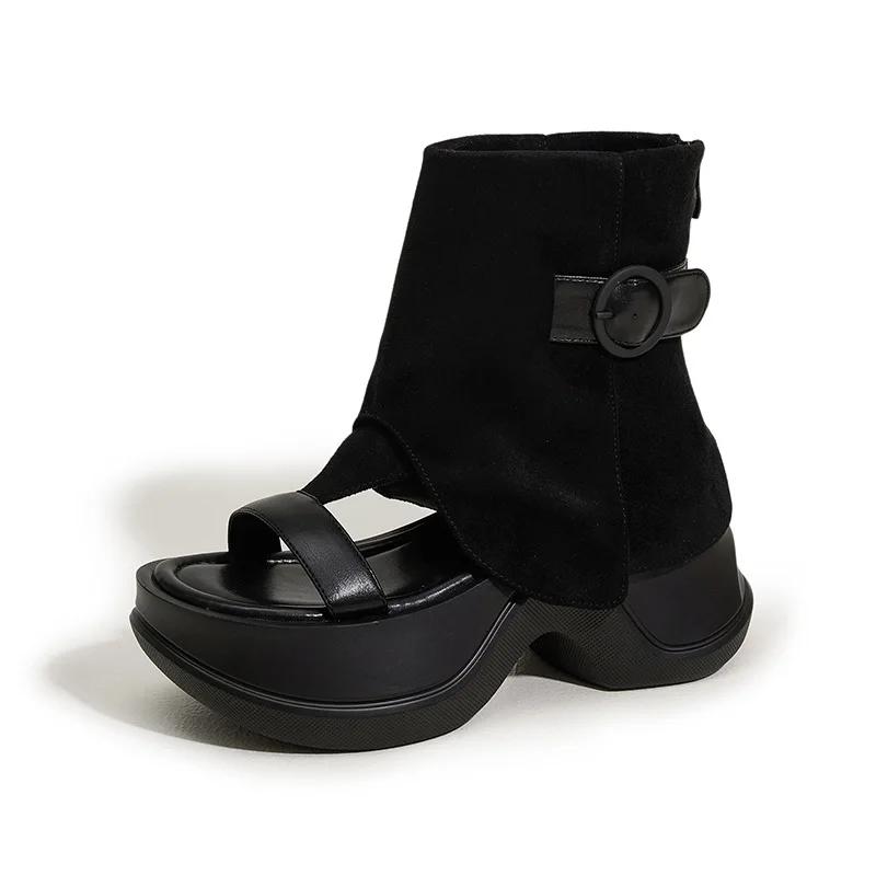 

Fashion High Quality 8CM Ethnic Microfiber Leather Mary Jane Ankle Booties Sandals Women Platform Wedge Hollow Zip Peep Toe Shoes Summer 39 чёрный