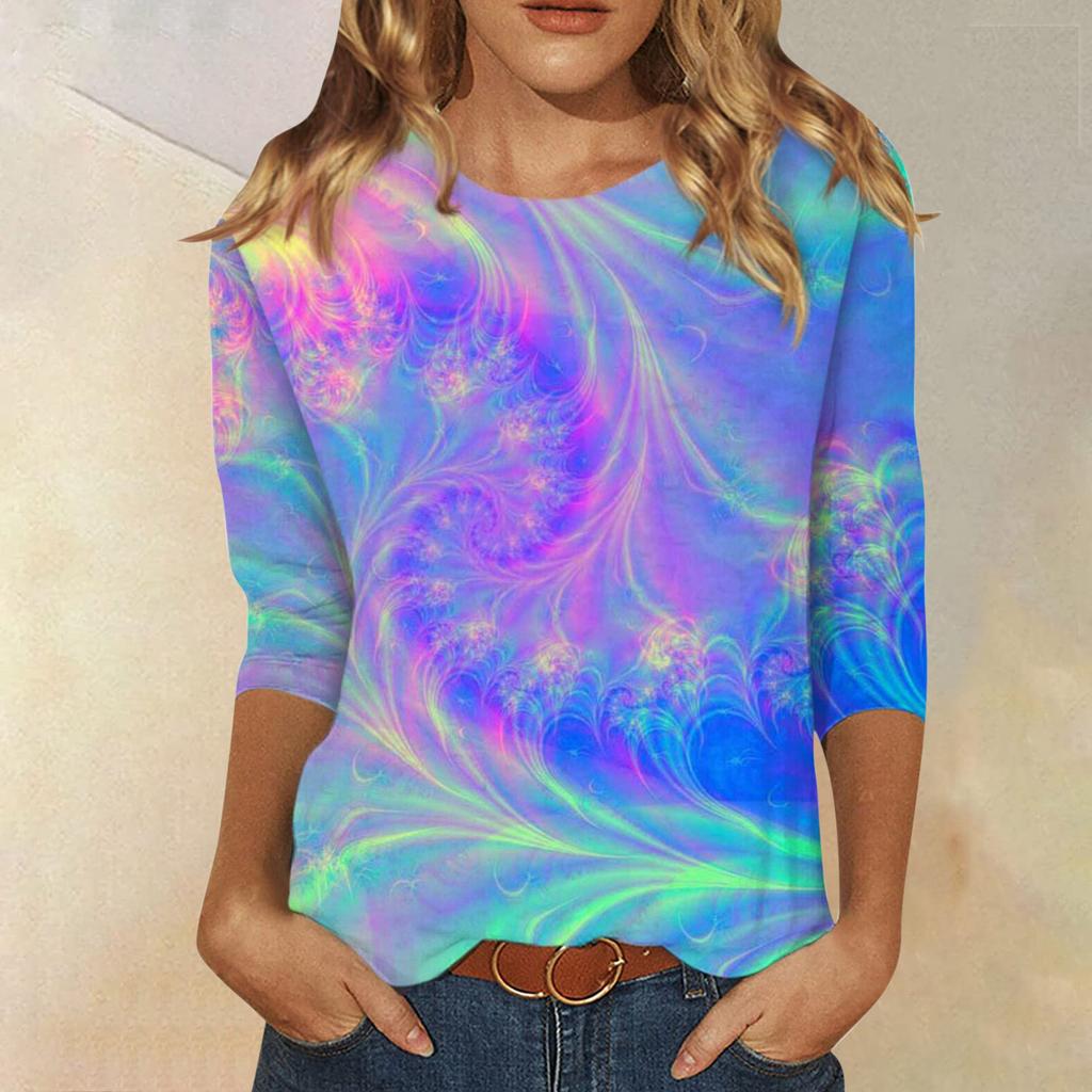 Vår och Höst Rundhals Blommönster 3D Kreativ Personlig Färgglad Tryckt Topp Trendig Casual Långärmad Dam T-shirts