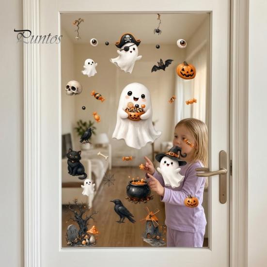 Black Cat Window Clings Halloween Ghost Clings, Cute Pumpkin And Static Stickers, PVC Holiday Glass Decorations Waterproof Decals, Removable Elements