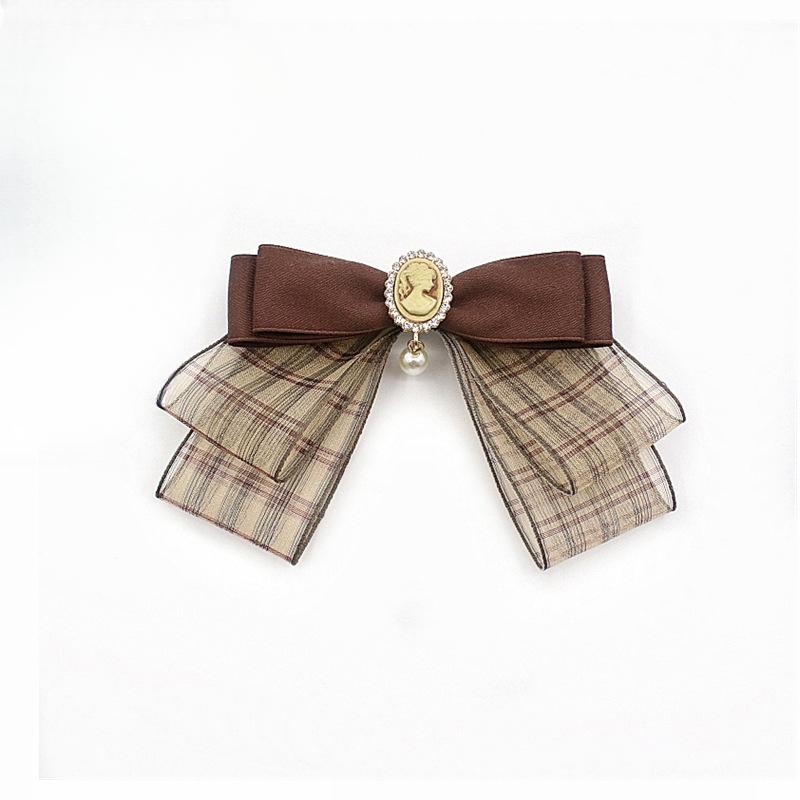 Retro Fabric Lace Brown Bow Brooches for Women Crystal Pearl Pins JK Shirt British Style Handmade Bow Tie Clothes Accessories
