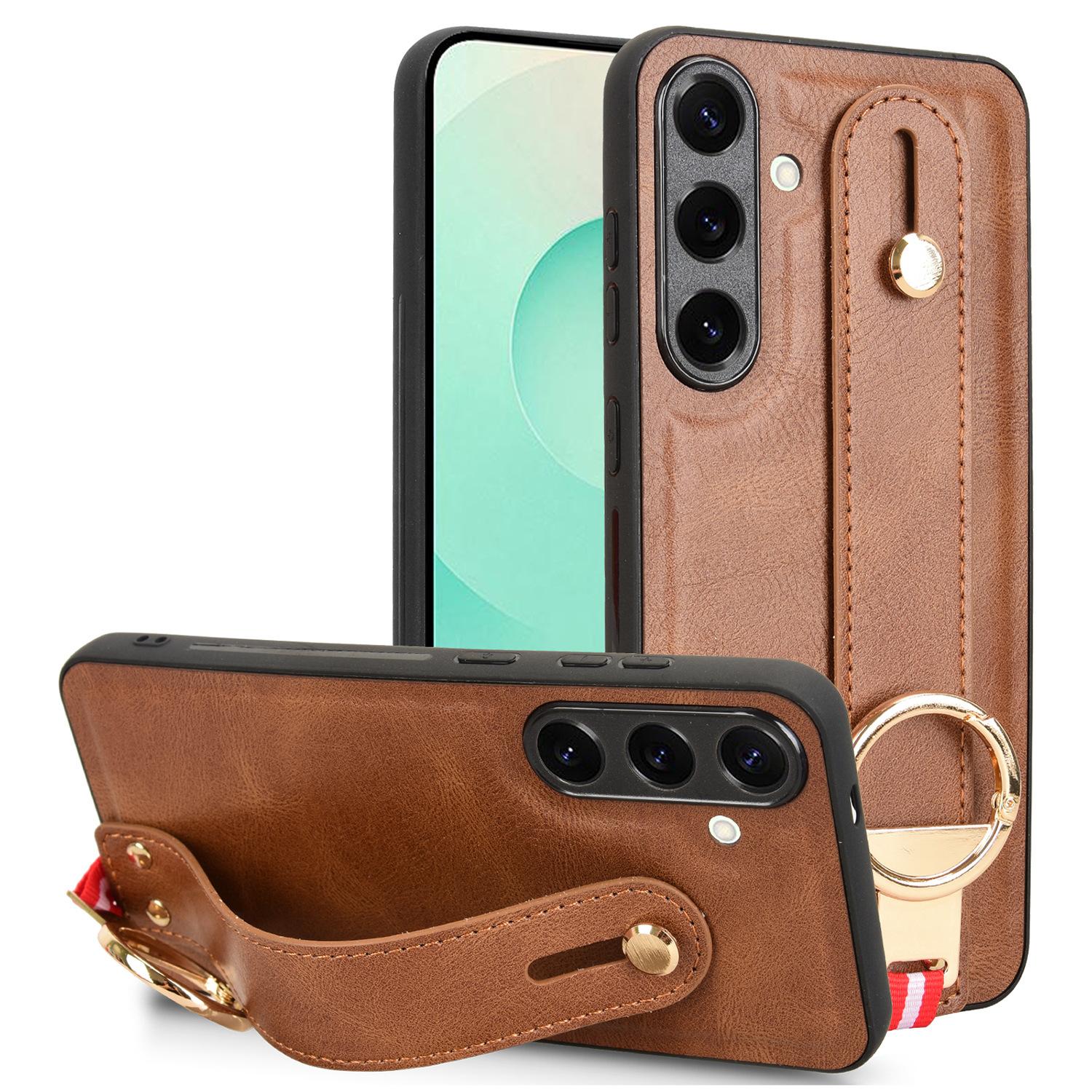 

For Samsung Galaxy S25 Case Wristband Kickstand Leather+PC+TPU Phone Cover with Bottle Opener Brown