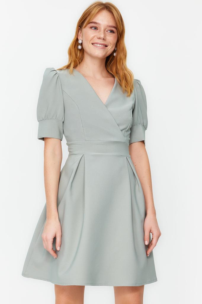 Women's Style Dress Black Double Breasted Neck Skater Mini Woven Dress with Opening Waist