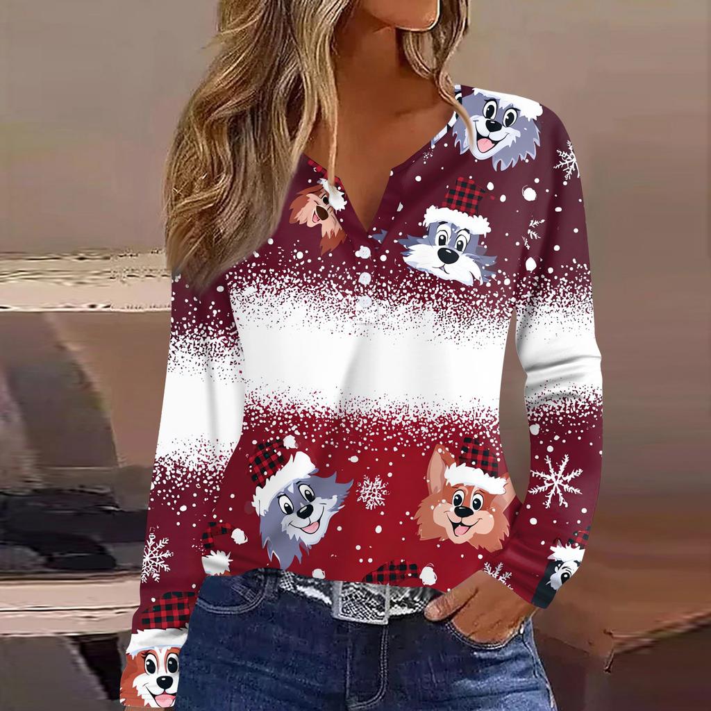 Women's T Shirt Tee Christmas Printed Button Long Sleeve Tunic Daily Weekend Fashion Basic V- Neck Regular Top