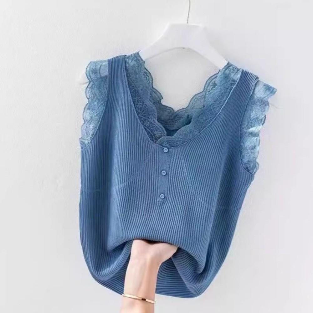 V-Neck Lace Strap Vest Sleeveless Knitted Vest Trend Slimming Base Top  for Women