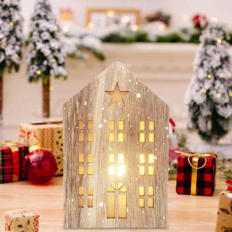 Rustic Style Wooden House Lantern Christmas House Shape Lamp Tabletop Centerpiece Ornament For Christmas New Year Decoration