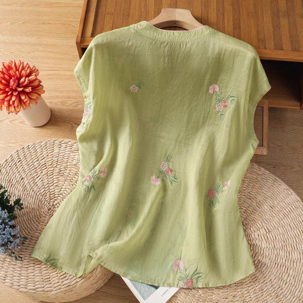 Button loose embroidered sleeveless shirt women's summer solid color improved cheongsam shirt shirt