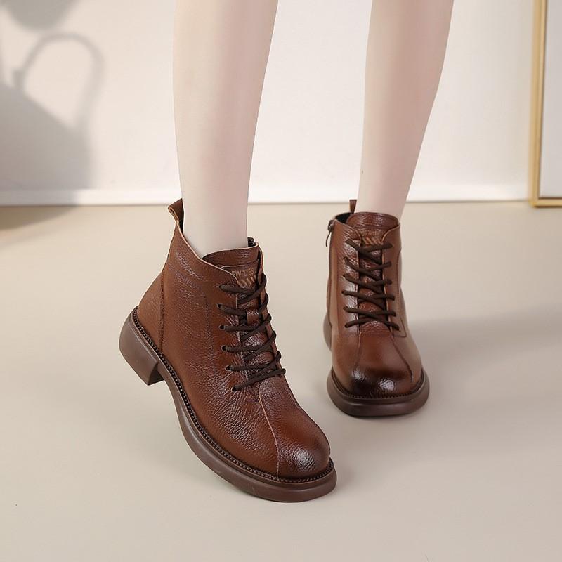 Autumn Winter New Ladies Boots Genuine Leather Short Boots Low-Heel Retro Women Cotton Shoes Lace Up Botas D378