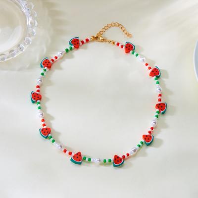 Summer Sweet Watermelon Beaded Choker Necklace for Women Handmade Rice Beads Clavicle Chain Necklace Girls Daily Wear Jewelry
