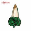 Aphixta New 7cm Square Heel Patent Leather Shoes Women Pumps Dark Green Flowers Officile Pointed Toe Plus Size 49 50