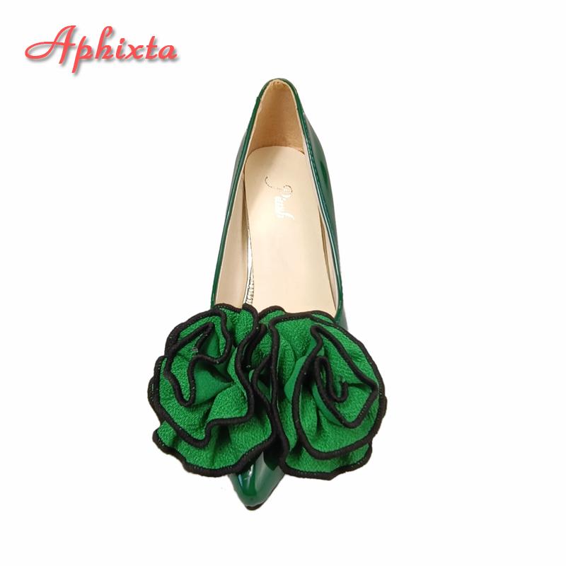Fashion Aphixta New 7cm Square Heel Patent Leather Shoes Women Pumps Dark Green Flowers Officile Pointed Toe Plus Size 49 50