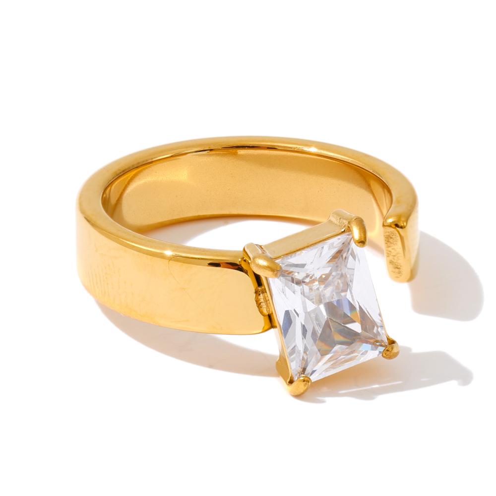 

Yhpup Size 7 Glossy Stainless Steel Cubic Zirconia Golden Ring 18K PVD Plated Texture Metal High Quality Finger Jewelry Gift 7