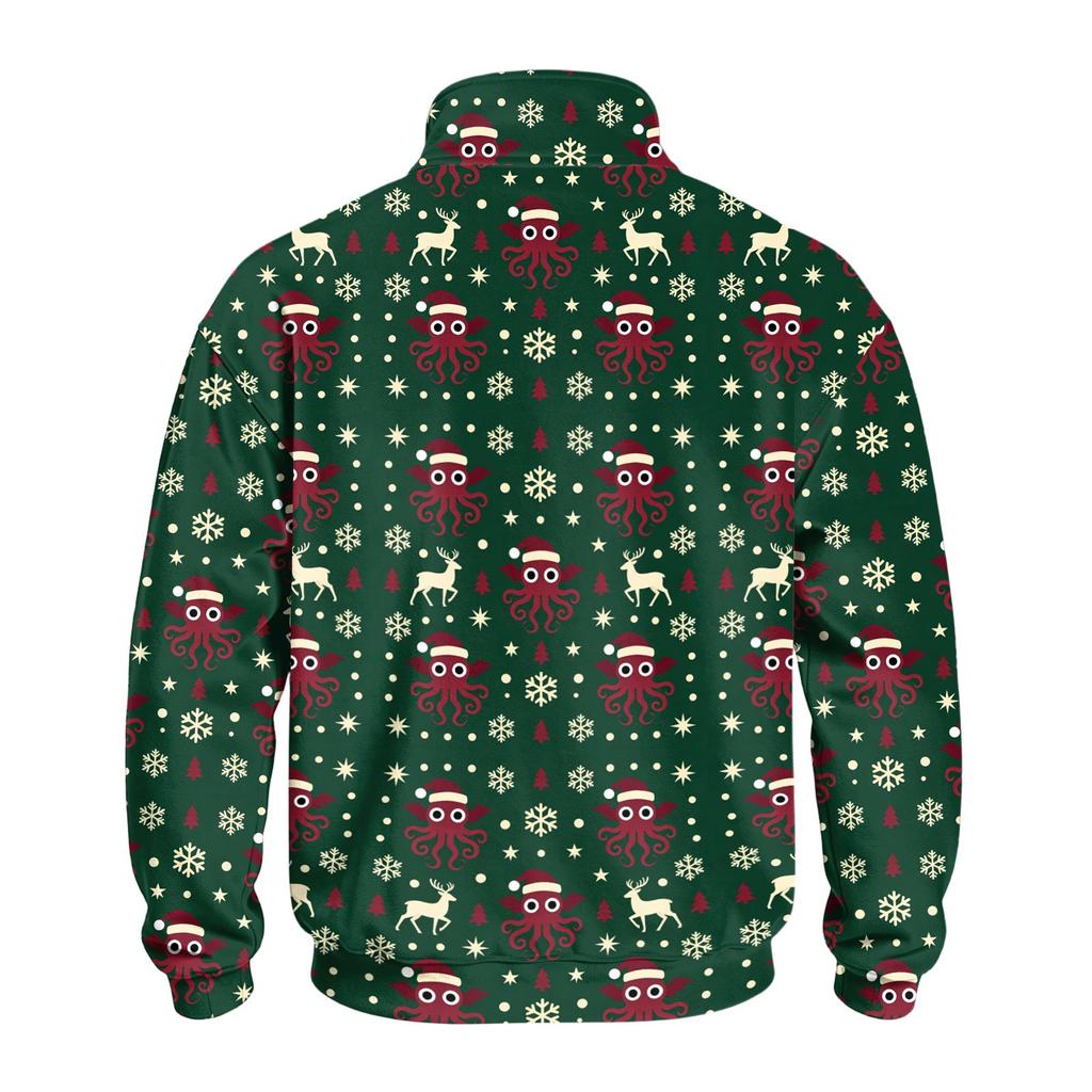 Men's Casual Quarter-Zip Stand Collar Sweatshirt with Christmas Print, Holiday Pullover