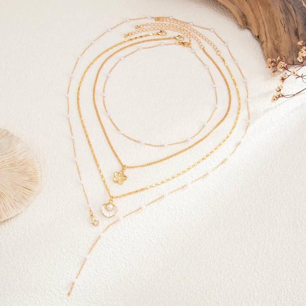 Salircon 4 Pcs/Set Boho Exquisite Imitation Pearl Necklace for Women Trendy Creative Flower Scallop Pendant Necklace Jewelry